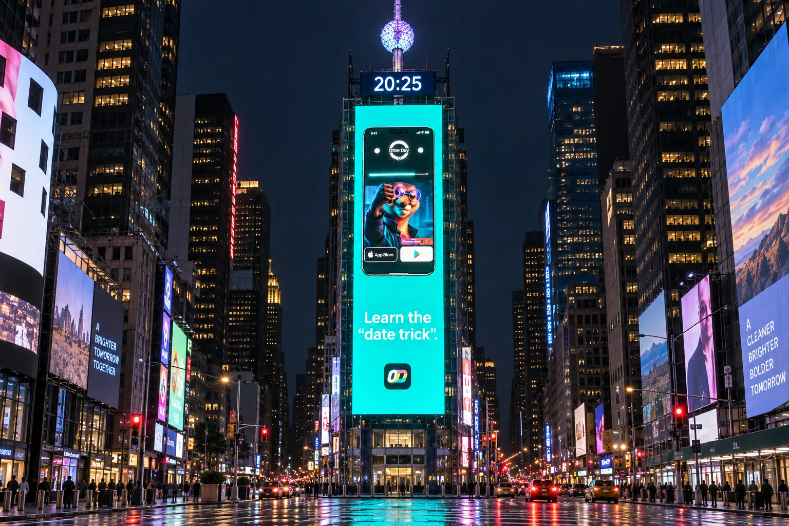 AI recreation of the Otter Day billboard at One Times Square, with the New Year’s ball and clock above